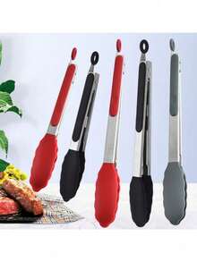 不粘牛排煎锅夹、硅胶和不锈钢烧烤钳、耐热食物夹 - 黑色 - 查看 4