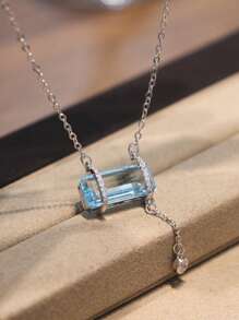 夏季 925 纯银女士项链，方形海蓝宝石水晶项链，镶嵌精美钻石锆石时尚珠宝礼物，适合海滩度假、节日、约会和女性日常佩戴 - 銀色藍色水晶 - 查看 3