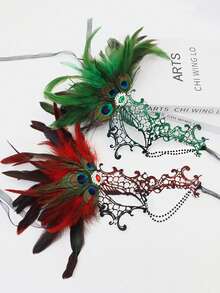 Premium Halloween Bestselling Rhinestone Decorated Artificial Feather One-Eye Half Face Mask With Chain, Masquerade Party Costume Prop