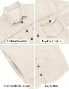 Vetinee Women's Oversized Button Up Frayed Hem Shacket Long Sleeve Pockets Denim Jean Jacket - 奶油捲 - 查看 7