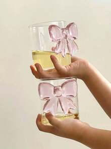 1pc INS风粉色超大蝴蝶结玻璃杯3D蝴蝶结玻璃杯家用下午茶咖啡杯果汁冷饮杯气泡水杯冰淇淋甜品杯早餐牛奶杯礼品杯 - 彩色 - 查看 7