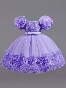 Girls' Floral Party Dress | 3D Embroidered Flowers On Sleeves & Hem With Sparkle Bodice | Special Occasion Gown For Birthday & School Events (2-7 Years) - 紫色 - 查看 1