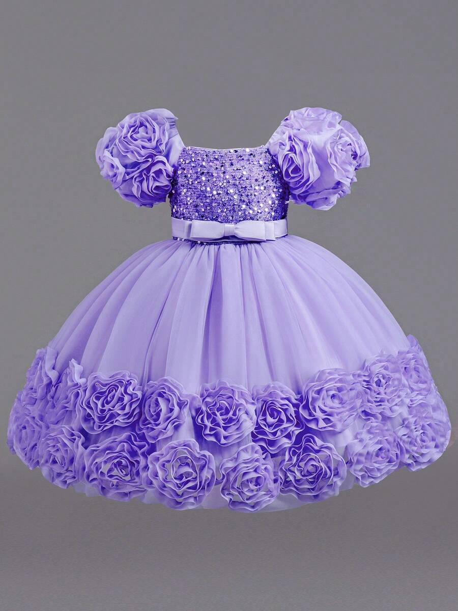 Girls' Floral Party Dress | 3D Embroidered Flowers On Sleeves & Hem With Sparkle Bodice | Special Occasion Gown For Birthday & School Events (2-7 Years) - 紫色 - 查看 1