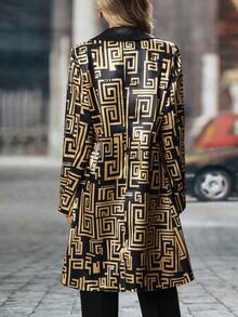 Women's Fashionable Geometric Pattern Long Blazer Jacket With Black Base And Gold Accents, Suitable For Spring And Autumn - Multicolor - View 4