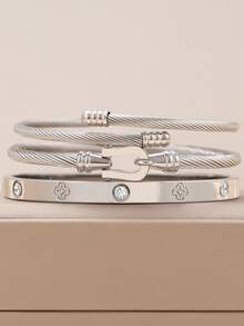 Bộ vòng tay đính đá Zirconia hình cỏ ba lá thời trang Châu Âu và Châu Mỹ dành cho nữ, phù hợp cho nhiều dịp, có thể xếp chồng lên nhau, cũng thích hợp làm quà tặng cho bạn bè - Bạc - Xem 16