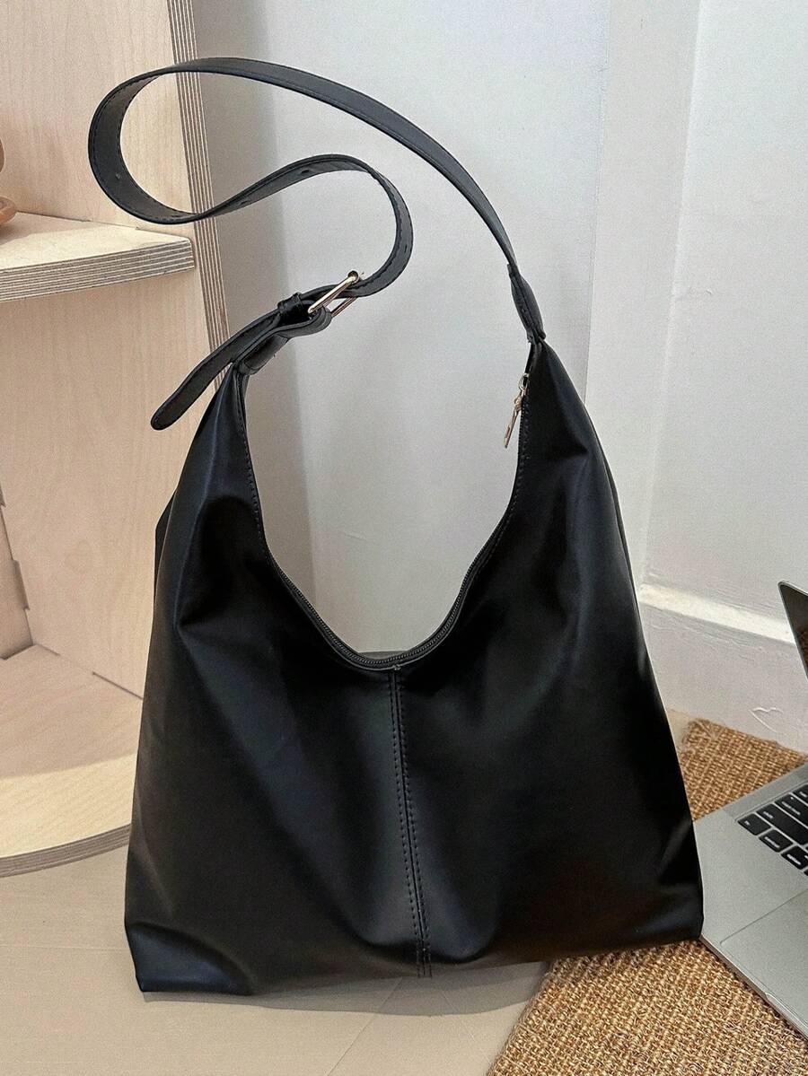 全新百搭纯色 PU 斜挎包，休闲简约法棍包，大号 - 黑色 - 查看 1