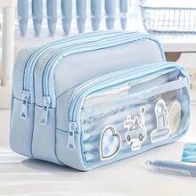 [ Cosmetic Bag] Large Light Blue Multi-Compartment Pencil Case | Twill Fabric With Clear Window, Portable Cosmetic Bag For Stationery, Makeup, And Accessories, Makeup Organizer,Back To School - Multicolor - View 4