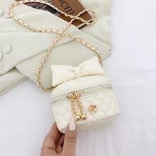 حقيبة صغيرة للبنات مزينة بفيونكة وسلسلة معينية، مصنوعة من مادة البولي يوريثان (بي يو) ، حقيبة كتف عبر الجسم جميلة، مناسبة للاستخدام اليومي في جميع المواسم