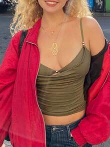 Women Cowl Neck Cami Tank Tops Layered Bra Spaghetti Strap Cutout Ruched Front Slim Fit Beaded Camisole Crop Tops Summer Sexy Backless Sleeveless Vests Shirts Party Club Going Out Tops Streetwear - 軍綠色 - 查看 8