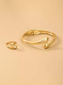 2pcs/Set Water Drop Design Bracelet & Ring Set, Vintage Minimalist Elegant Jewelry, Bridal Jewelry, Perfect Jewelry Choice For Daily Wear - Gold - View 2