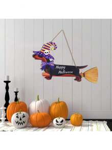 Decoraciones de puerta de Halloween Dachshund Happy Halloween, cartel de puerta para Halloween, decoraciones de puerta principal de madera colgante