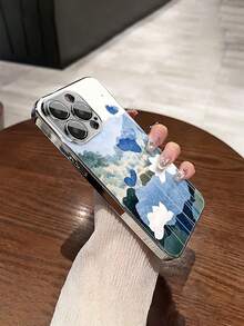 1 件时尚蓝莲花图案钢化玻璃材质带镜头膜，电镀防摔防刮防指纹 TPU 全边软手机壳，适用于苹果机型 - 彩色 - 查看 2