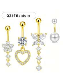 4pcs G23 Titanium Navel Rings Set, Cubic Zirconia Heart, Butterfly & Flower Shaped Navel Rings/Studs, Suitable For Women's Daily Wear - 4-piece Set - View 17