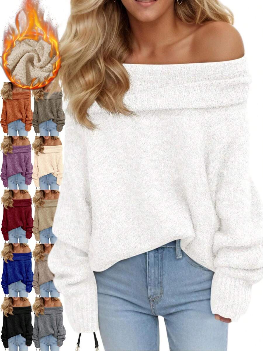 Women's Off The Shoulder Sweater Oversized Long Sleeve Ribbed Knit 2025 Fall Winter Fashion Pullover - 白色 - 查看 1