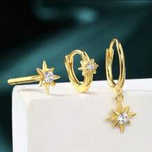 Set Of 3 Pairs Of Luxurious Star-Shaped Earrings With Sparkling Cubic Zirconias - Dorado - Ver 2