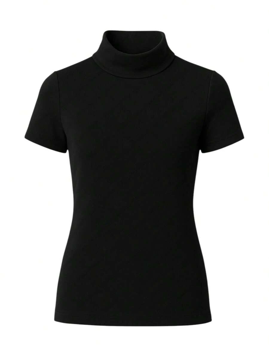 Women's Ribbed Mock Neck Short Sleeve Slim Fit Knit Top, Lightweight Stretchy Soft Tee Shirt, Casual Minimalist High Neck Pullover For Work, Travel And Everyday Wear, Classic Beige - 黑色 - 查看 1