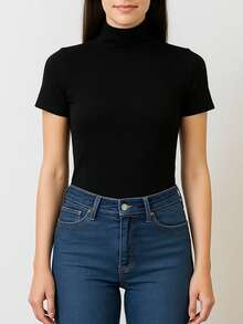Women's Ribbed Mock Neck Short Sleeve Slim Fit Knit Top, Lightweight Stretchy Soft Tee Shirt, Casual Minimalist High Neck Pullover For Work, Travel And Everyday Wear, Classic Beige - 黑色 - 查看 3