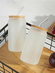 2pcs,16OZ Frosted/Clear Glass Cup Tumblers With Bamboo Lid Sublimate Tumbler Blanks DIY For Iced Coffee Cups