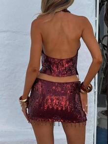 Women's Summer 2Pcs Outfits Sequin Sleeveless Deep V Neck Tank Tops + Mini Bodycon Skirt Set Party Clothes - 酒紅色 - 查看 5