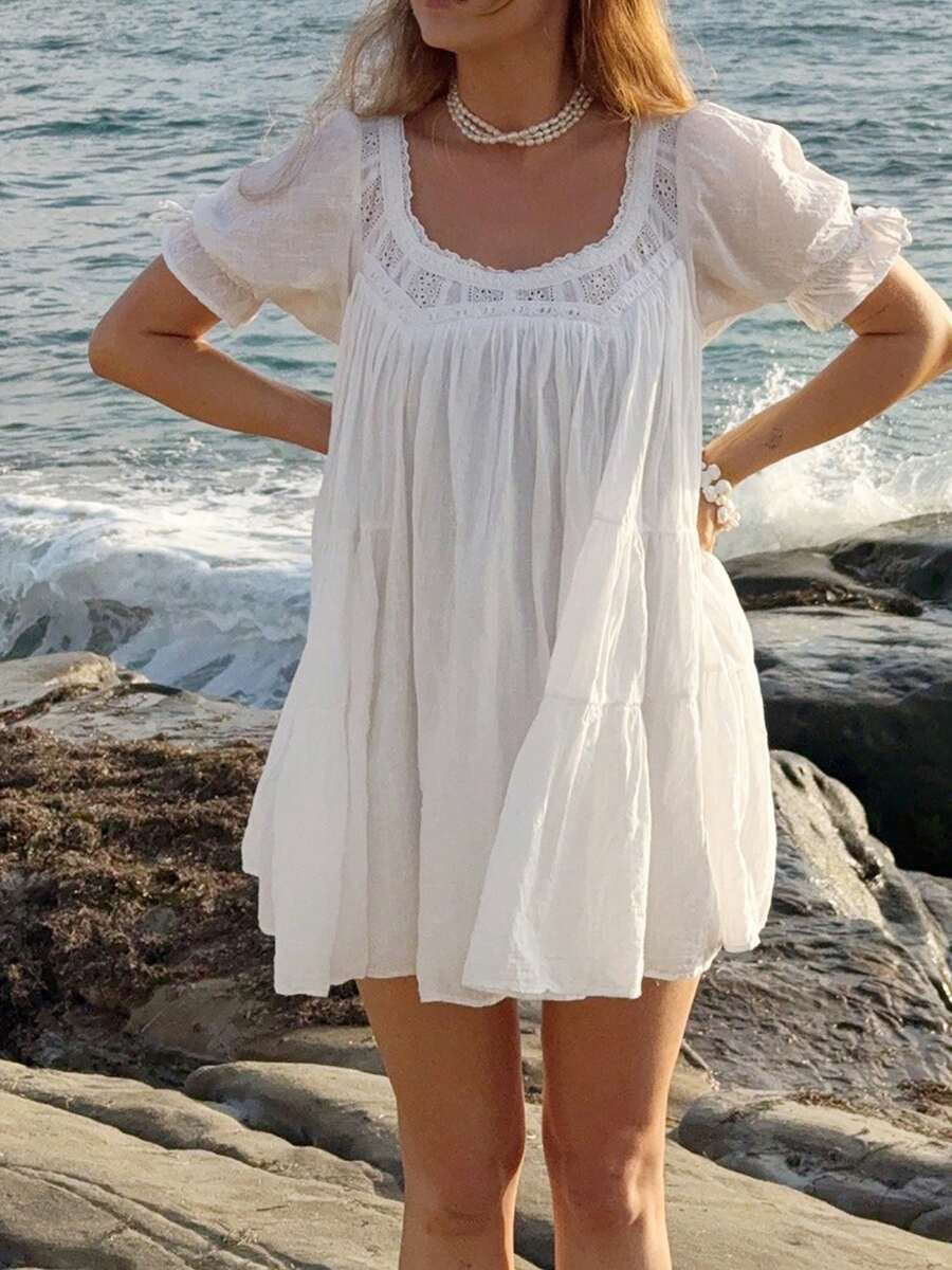 Baby Doll Mini Dress For Women Summer Solid Color Loose Bubble Short Sleeve Scoop Neck Dress - 白色 - 查看 1