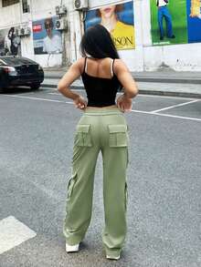 Green Elastic Waist Multi-Pocket Cargo Pants - Light Green - View 5