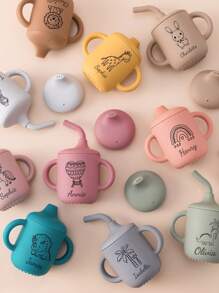 1PC Baby Personalized Customization Name And Pattern Silicone Cups Baby Tableware Plain Water Bottle Kids Custom Sippy Cup With Double Lids - Multicolor - View 4