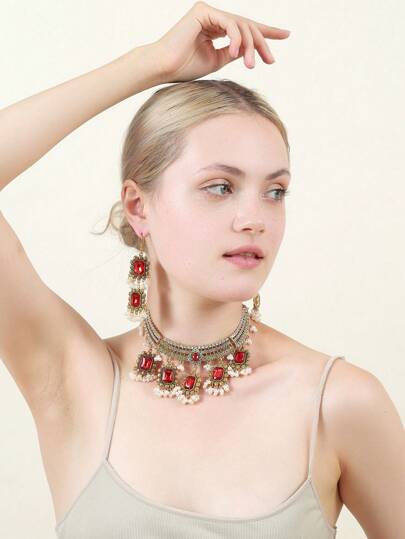 1 colar com borlas estilo retangular vintage e elegante e 1 par de brincos retangulares, conjunto elegante de joias de metal, adequado para festas, feriados e férias na praia