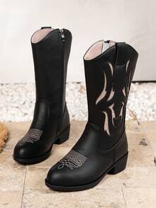 New Black Western Cowboy Style Party Soft Leather Casual Fashion Outdoor Children High Heel Boots - Black - View 9