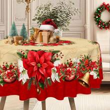 1pc Christmas Theme Polyester Tablecloth, Round Tablecloth Diameter 145cm, Rectangular Tablecloth 140x180cm, Christmas Decor Tablecloth/Tablecover, Red Christmas Floral Pattern Holiday Tablecloth, Christmas Holiday Table Center Decor, Christmas Party & Family Gathering Atmosphere Decoration Tablecloth. - Multicolor - View 5