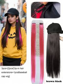 棒球帽配长直合成假发 - 24英寸内置假发帽，二合一防晒，适合女性，圣诞派对日常装扮皆宜 - 彩色 - 查看 17