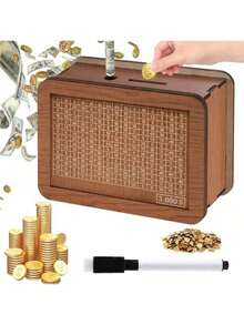 1pc Piggy Bank With Numbers And Checks,DIY Creative Savings Box Home Decor Accessory, Piggy Bank With Counter,Reusable Wooden Piggy Bank For Digital Planning, Retro Style Money Storage Box - Multicolor - View 2
