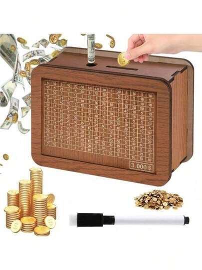 1pc Piggy Bank With Numbers And Checks,DIY Creative Savings Box Home Decor Accessory, Piggy Bank With Counter,Reusable Wooden Piggy Bank For Digital Planning, Retro Style Money Storage Box