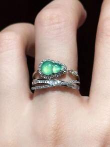 1pc Multi-Layer Criss-Cross Rhinestone Ring, Green Gourd Open Ring, Fashionable Luxury Silver Copper Ring Suitable For Women's Daily, Party, Banquet, Date Wear, New Autumn/Winter Jewelry Gift - 銀色 - 查看 6