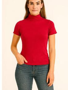 Women's Ribbed Mock Neck Short Sleeve Slim Fit Knit Top, Lightweight Stretchy Soft Tee Shirt, Casual Minimalist High Neck Pullover For Work, Travel And Everyday Wear, Classic Beige - 紅色 - 查看 3