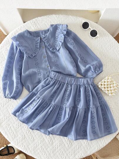 Young Girls Hollow Embroidered Lapel Shirt And Skirt Two Pieces Fall Spring Clothes Sets For Kids Style Casual Wear