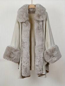 1 Peça Poncho Cardigan com Capuz e Gola Felpuda Elegante em Tecido de Malha Acrílica Folgado e Volumoso, Plus Size, para Mulheres, para Vestir