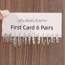 6件/24件/30件 时尚优雅复古精致仿珍珠心形几何编织宽金属C形耳环多件套装，节日、度假、派对、约会、日常佩戴礼品 - 銀色 - 查看 3