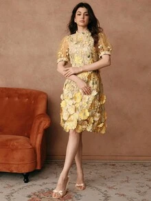 Savoree New Spring/Summer Women Urban Elegant Mesh Embroidered Jacquard Midi Dress, Suitable For Valentine's Day, Date Night, Vacation Outfits