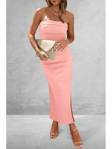 Women's Summer Bodycon Maxi Tube Dress Ribbed Strapless Side Slit Long Going Out Casual Elegant Party DressesHalloween Christmas New Year - 粉色 - 查看 4