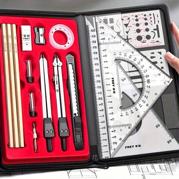 Conjunto de 22 piezas de herramientas multifunción profesionales en un estuche de tela, adecuado para arquitectura, diseño mecánico, química, CAD, compás, instrumentos, regla y juego de escalas, útiles escolares, de vuelta a clases