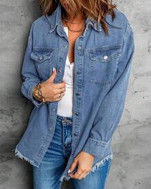 Vetinee Women's Oversized Button Up Frayed Hem Shacket Long Sleeve Pockets Denim Jean Jacket - Medium Blue - 查看 2