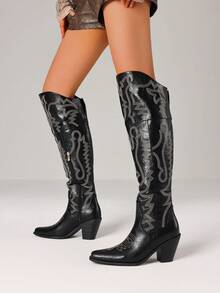 Women's Retro Embroider Thigh High Western Cowboy Boots Fashion Block Chunky High Heels Pointed Toe Vintage Cowgirl Boots Woman - 黑色 - 查看 5