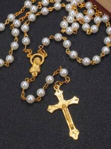 1pc Elegant Acrylic Pearl Cross Necklace, Rosary Prayer Beads Necklace For Peace And Health - Multicolor - View 3