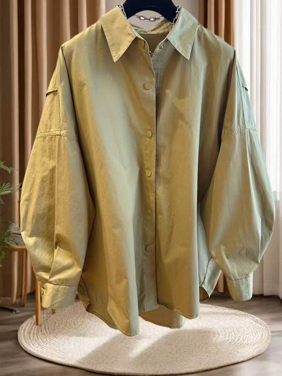 Casual Drop Shoulder Long Sleeve Shirt, Made Of Non-Stretch Fabric, Suitable For Everyday Wear Spring - Khaki - View 1