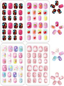 96 件/套儿童按压式指甲丙烯酸假指甲预粘全覆盖闪光可爱草莓、花朵、胡萝卜、儿童、心形波尔卡圆点和其他元素短儿童粘贴式假指甲套装适合儿童小女孩 - 可爱浪漫水果派对主题 - 彩色 - 查看 4