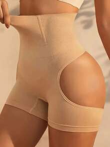 1pc Seamless Hollow Lift Hip High Waist Shapewear Shorts, Elegant Stretchy Knitted Fabric Machine Washable Ladies Shorts - 杏色 - 查看 4