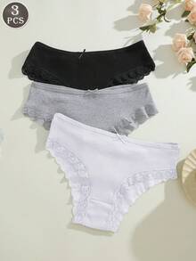 3pcs/Set Cotton Solid Color Lace Patchwork Bow Design Criss-Cross Back Breathable Sexy Women's Underwear Set