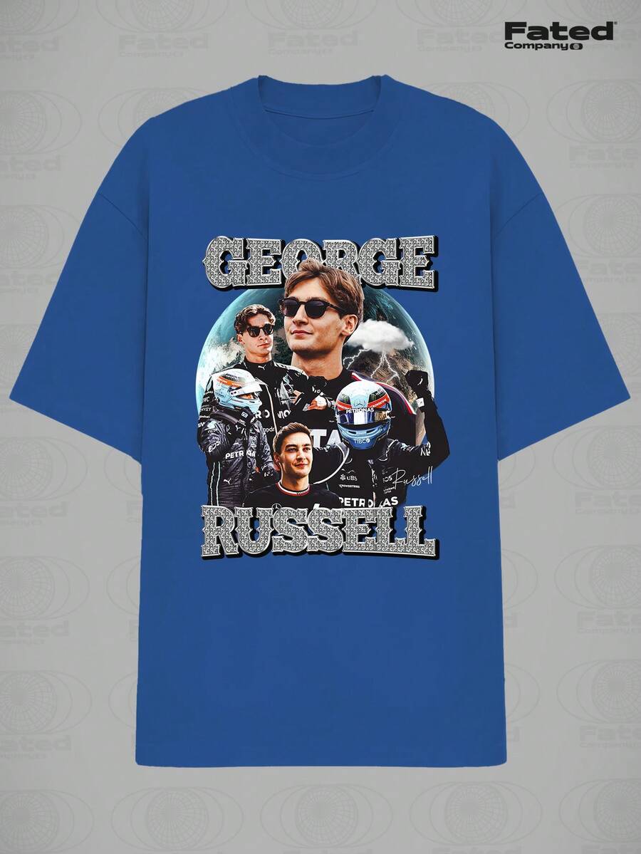F1 George Russell Bootleg Mercedes-Benz T-Shirt 100% Cotton Unisex - 藍色 - 查看 1