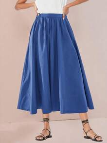 Womens A-Line Midi Skirt Elastic High Waist Pleated Flowy Swing Casual Long Skirt With Pocket - 藍色 - 查看 1