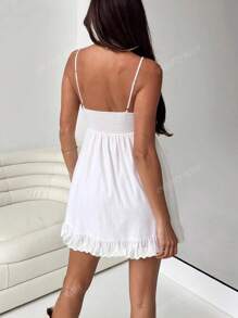 Women's Casual Sexy Boho Holiday Linen V-Neck Loose Cute Short Cami Dress With Floral Lace Patchwork, Suitable For Music Festivals, Parties, Fashion Everyday Wear, Beach Vacation, Daily